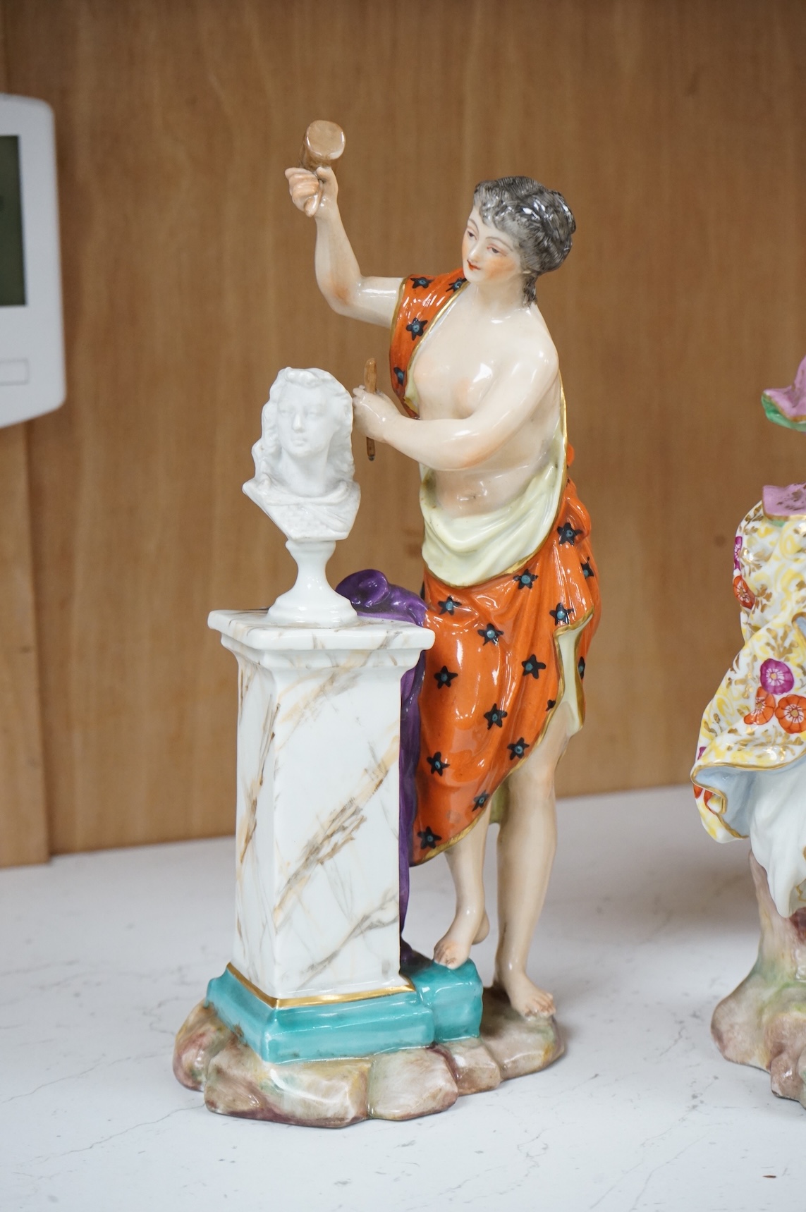 A set of four French Derby style porcelain figures, emblematic of art, sculpture, music and theatre, tallest art 22.5cm high